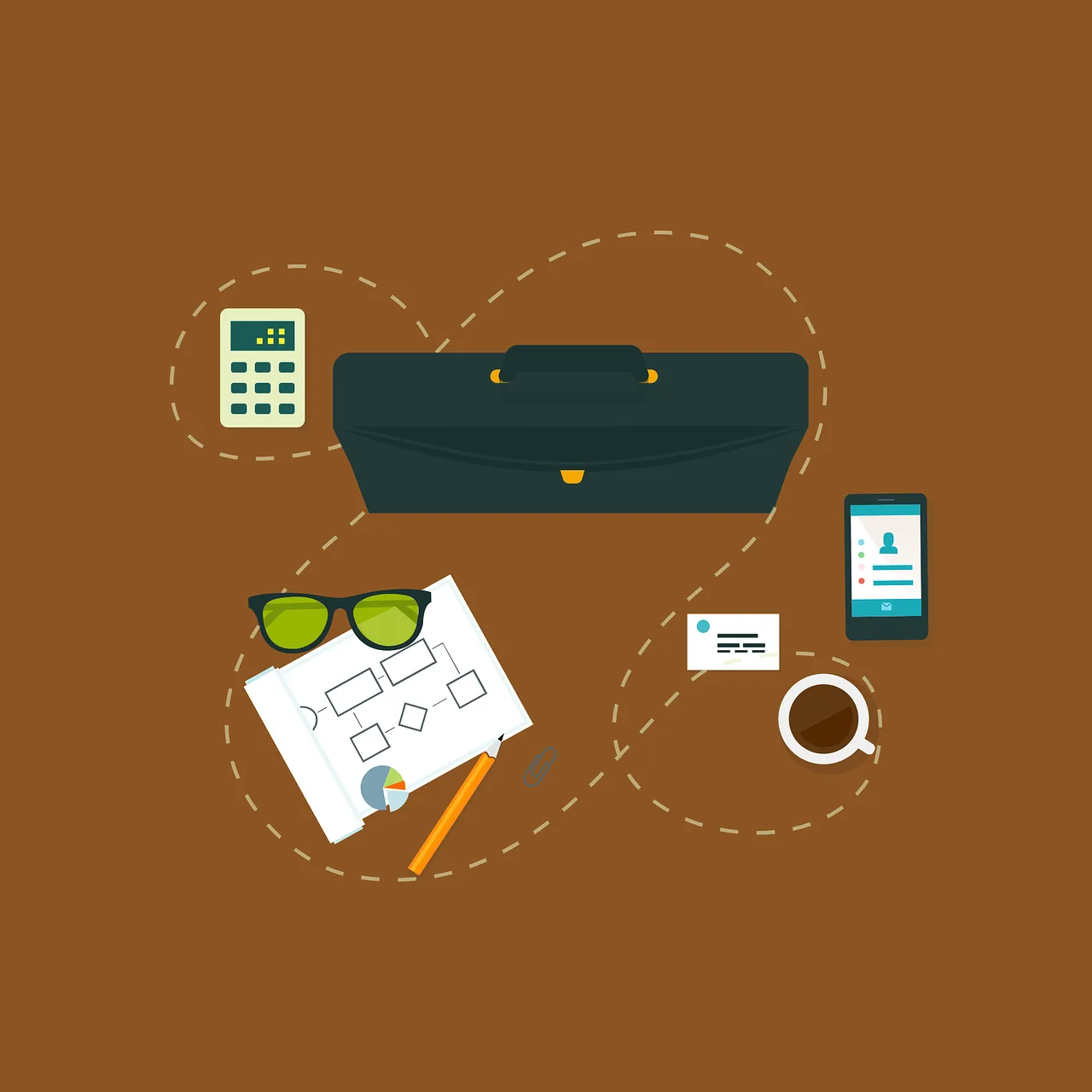 Flat illustration of a briefcase, calculator, phone, glasses and coffee on a desk