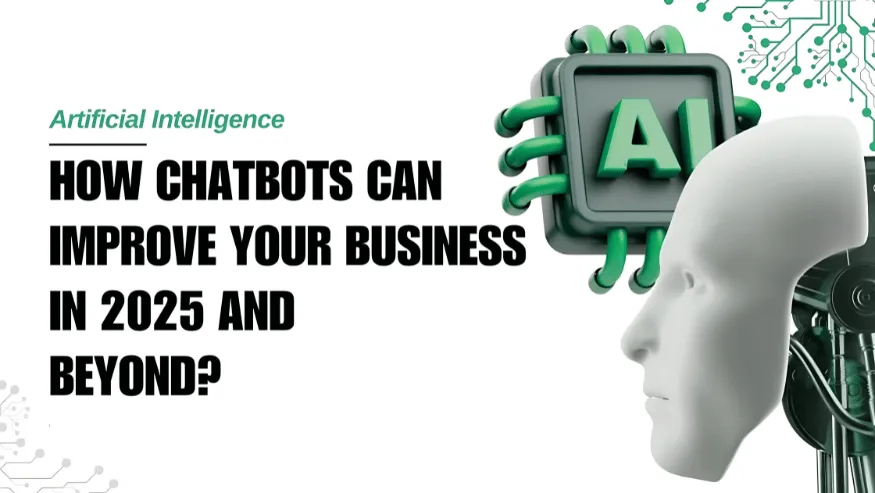 Illustration of a humanoid AI head beside a green circuit chip labelled AI
