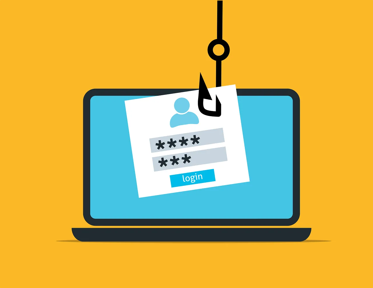 Illustration of a fish hook pulling a login form out of a laptop screen