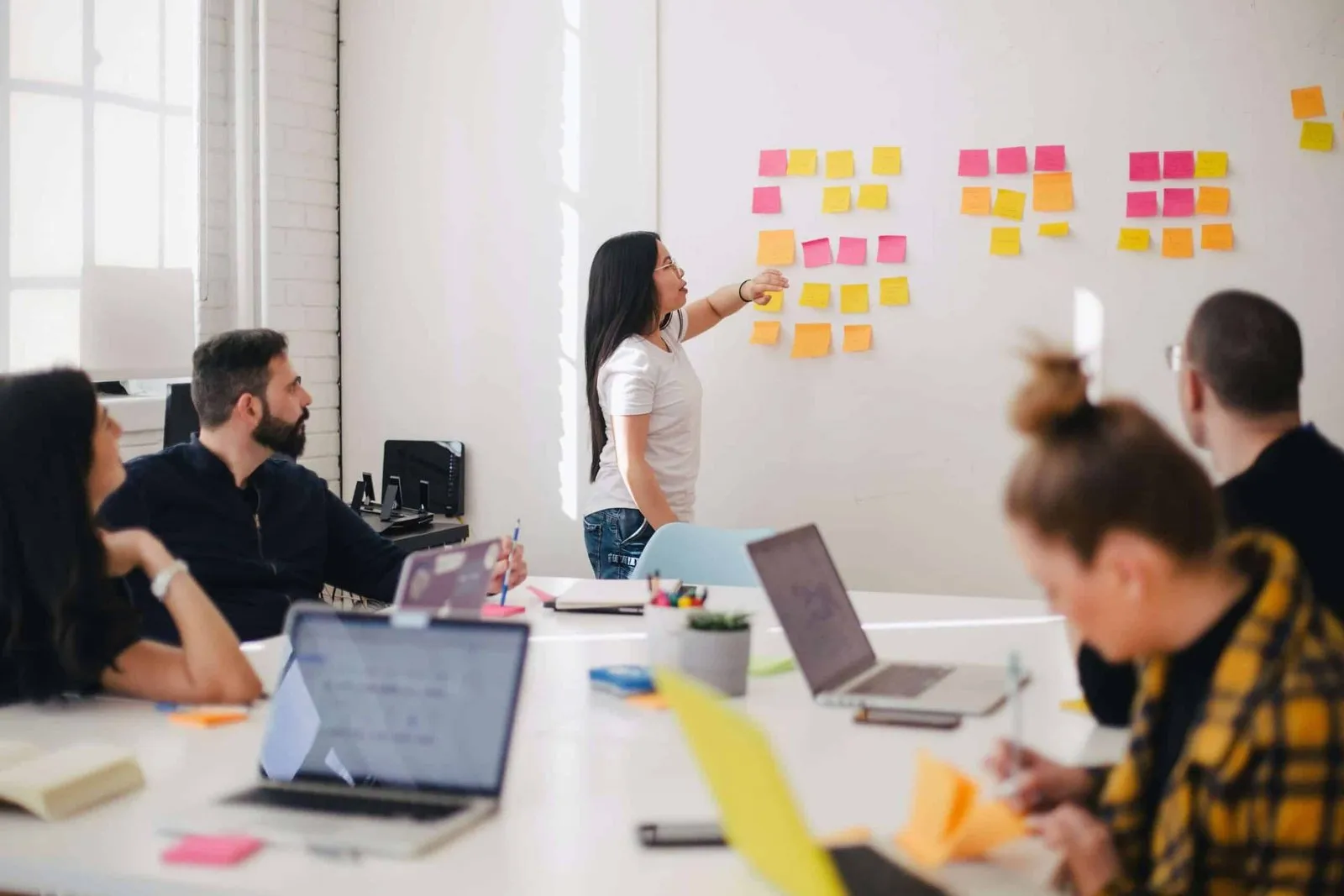 A team in a meeting room watching a colleague arrange sticky notes on a whiteboard