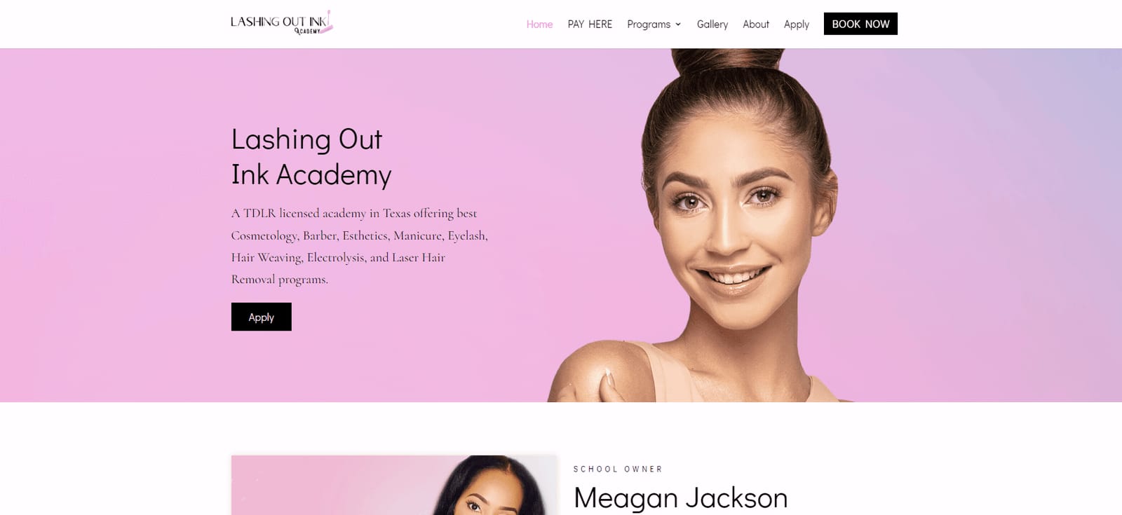 Homepage of the Lashing Out Ink Academy beauty and barbering academy website