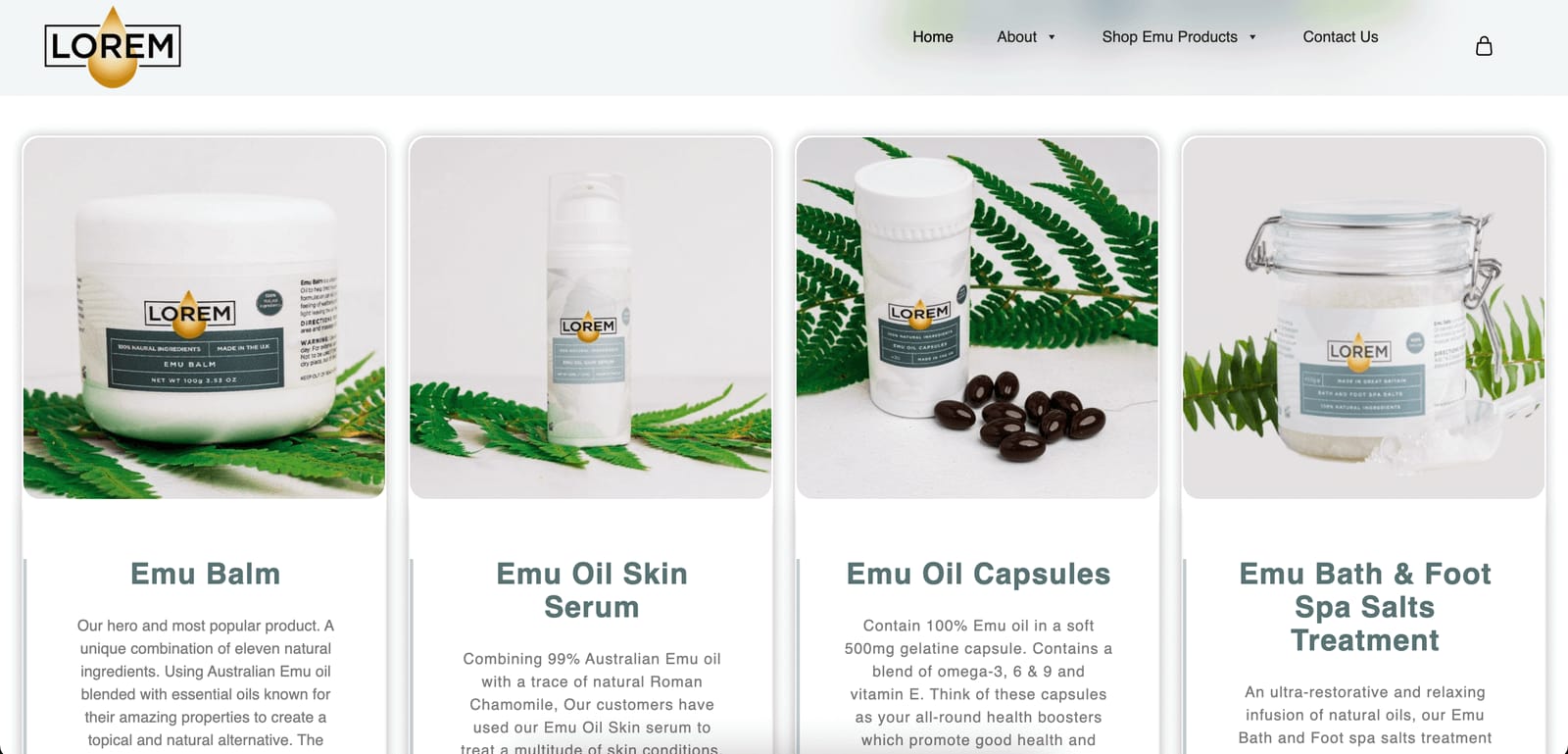 Homepage of the Lorem Care personal hygiene and health products store