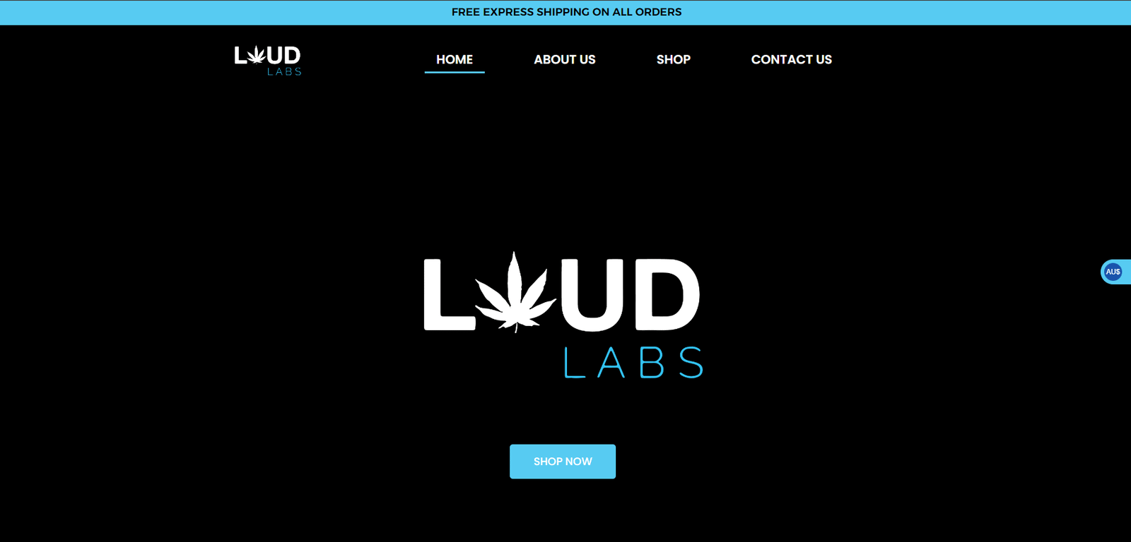 Homepage of the Loud Labs online store with its logo and a Shop Now button