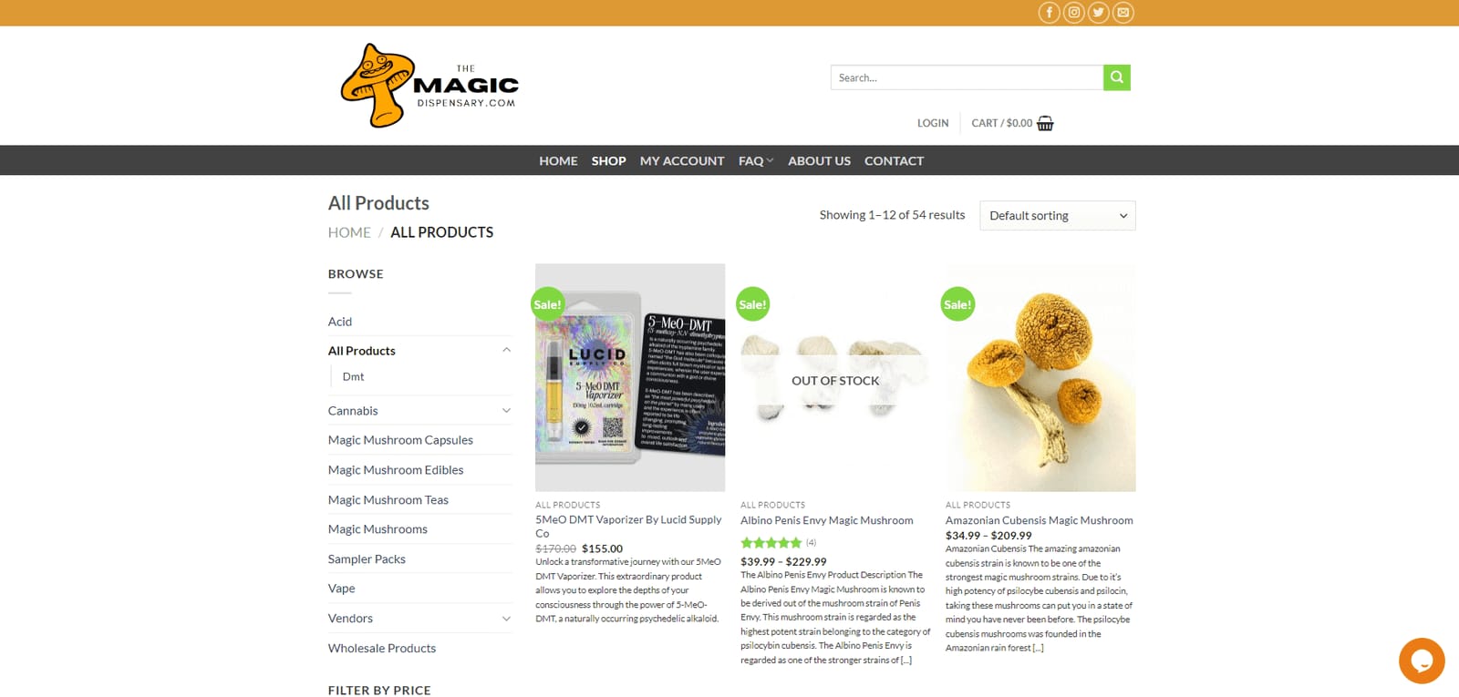 Homepage of The Magic Dispensary online store