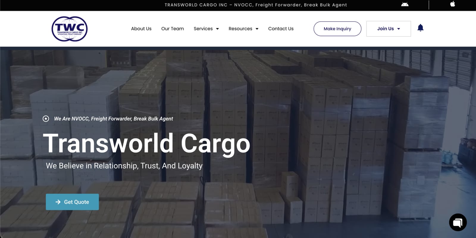 Homepage of the Transworld Cargo freight and logistics website
